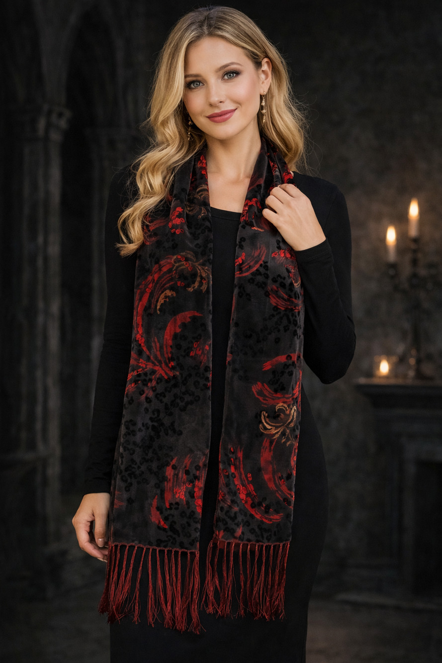 Velvet Burnout Fringe Scarf Black Red Gothic Witchy Dark Academia Boho Wrap